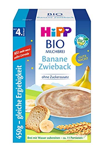 Hipp Bio-Milchbreie ohne Zuckerzusatz-Vorratspackung, nach dem 4. Monat, Gute-Nacht-Brei Banane Zwieback, 4er Pack (4 x 450 g)