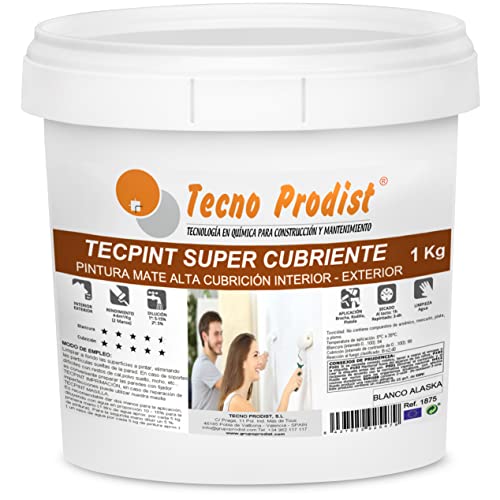 TECPINT SUPER DECKLACK von Tecno Prodist - 1 Kg (WEISS) Außen- und Innenfarbe auf Wasserbasis - Extra deckend, weißes Alaska-Finish - abwaschbar - geruchsneutral, nicht spritzend - einfache Anwendung