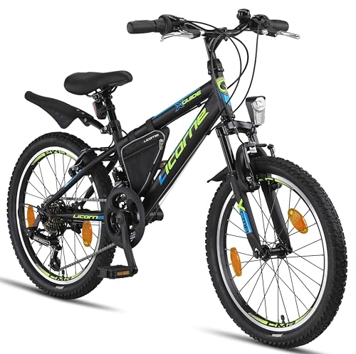 Licorne Bike Guide Premium Mountainbike in 20 Zoll - Fahrrad für Mädchen, Jungen, Herren und Damen - 18 Gang-Schaltung - Schwarz/Blau/Lime