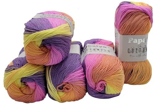 5 x 100 Gramm Papatya Cottonish Antipilling Wolle mit Farbverlauf, 500 Gramm Strickwolle mit Anti-Pilling Effekt Mehrfarbig (flieder rosa orange 01)