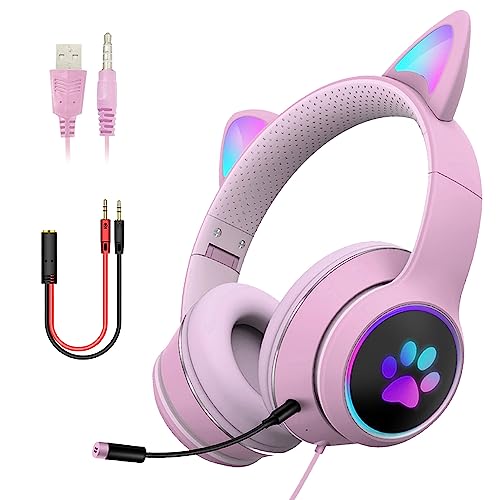 LED-Katzenohr-Kopfhörer, Gaming-Headset für Erwachsene und Jugendliche, verstellbares, gepolstertes Kopfband, abnehmbares Mikrofon, Geräuschunterdrückung und RGB-Licht (Rosa, USB + 3,5 mm Klinke)