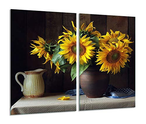 Herdabdeckplatte 2 teilig Ceranfeld Sonnenblumen Gelb 2x30x52 Kochplatten Glas