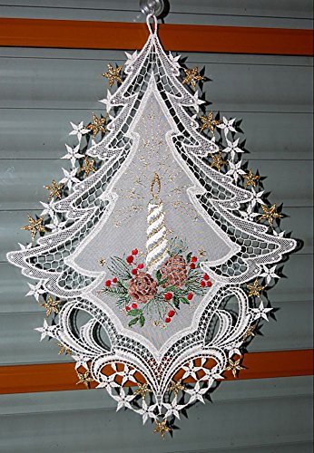 Plauener Spitze Fensterbild 25x34 cm + Saugnapf Weihnachten Voile Stickerei Kerze