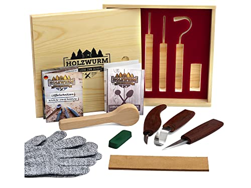 HOLZWURM Schnitzmesser Set in Holzbox inkl Holzrohling, Anleitung & Schnittschutzhandschuhe - umfangreiches Schnitzwerkzeug-Set zum Schnitzen