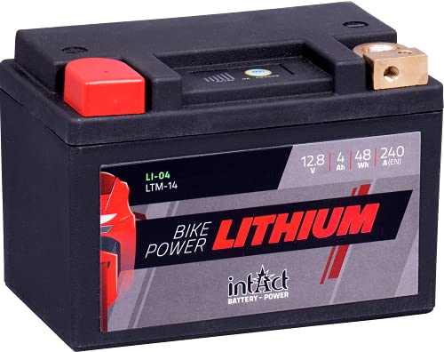 Intact Bike-Power Lithium LI-04, LTM14, 12,8 V 4 Ah 48 Wh, 240 A (CCA), Hochwertige Lithium-Motorradbatterie mit intelligentem Batteriemanagement und bis zu 75% Gewichtseinsparung