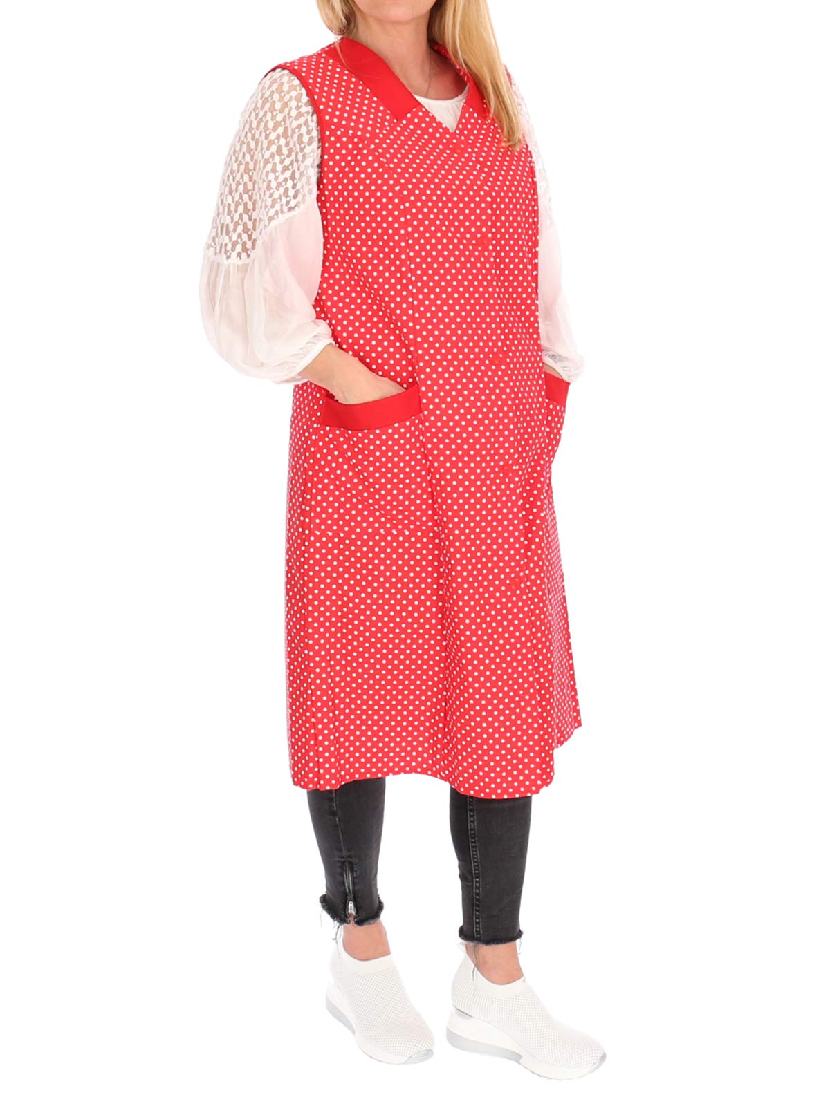 Damenkittel Kittel Schürze Hauskleid ohne Arm Baumwolle rot o. blau weiße Punkte, Farbe:rot, Größe:44