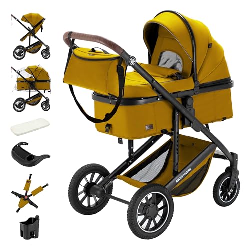 Daliya® FLEXI-PRO Kombikinderwagen & Buggy |Vielseitig, Leichter Reisekinderwagen, Umstellbar zum Sportwagen | Großer Einkaufskorb, Sicher & Komfortabel | Kinderwagen (2in1, Gelb)