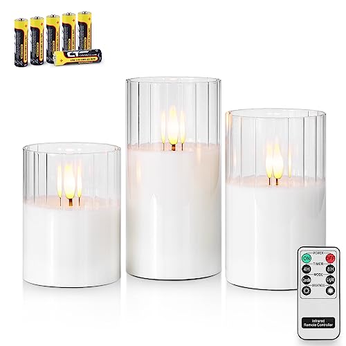 Rhytsing 3 Weiß LED Kerzen im Glas mit Timerfunktion, Transparenten Riffelglas Flammenlose Kerzen mit Fernbedienung und Batterien Enthalten, H 10/12,5/15cm