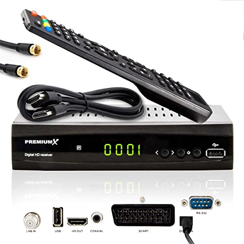 Premium X HD 521 FTA Digital SAT Receiver DVB-S2 FullHD HDTV Satelliten Empfänger HDMI SCART USB Mediaplayer Antennenkabel, Vorprogrammiert