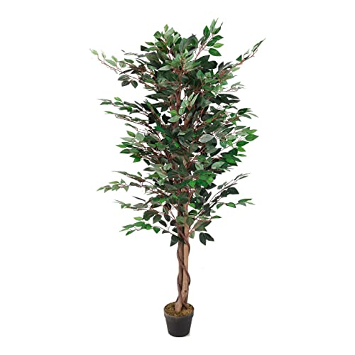 Künstliche Pflanze Ficus Holzstamm Blatt aus Stoff Blumentopf Kunststoff schwarz Dekobaum (160cm 1008 Blätter Form 2)