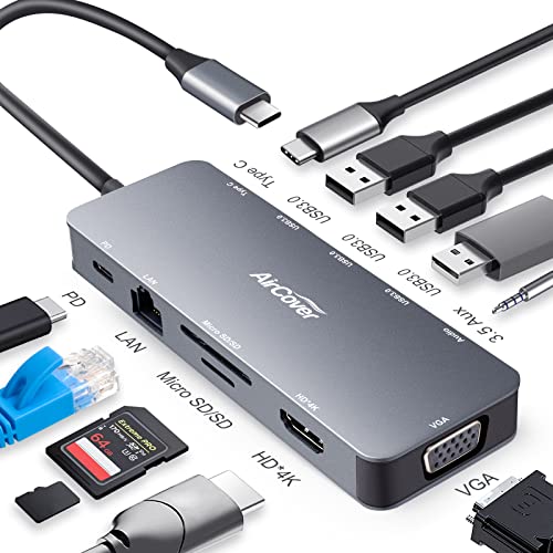 USB C Adapter 11in1 Hub mit 4K@60Hz HDMI und DP, 100W Power Delivery, USB-C und 3 USB-A Datenports, 1 Gbps Ethernet, 3.5mm Audio, microSD und SD Speicherkartenleser
