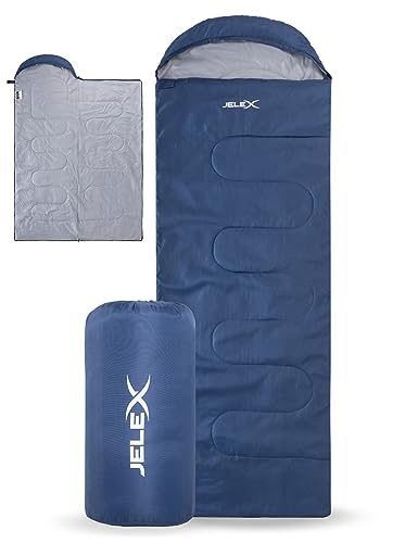 JELEX Outdoor Camping ultraleichter Schlafsack 220 x 75 cm, Komfortbereich 15 °C, mit Kapuzen-Kopfteil und Deckenfunktion, aus antistatisches Material (blau)