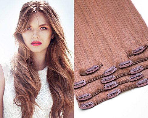 Echthaar Clip In Extensions Set 100% indisches Remy Echthaar 7 teilig / 7 Tressen hochwertige Haarverlängerung 45cm Clip-In Hair Extension Farbe (Nr. 27 Honigblond)