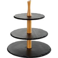 APS Etagere 3-stufig - hochwertige Etagere aus Akazienholz und 3 runden Platten aus echtem Naturschiefer - mit Anti-Rutsch-Füßchen für den festen Stand