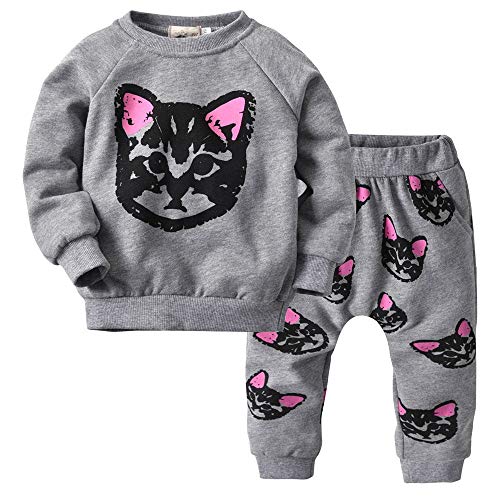 puseky Kleinkind Kinder Mädchen süße Katze Sweatshirt Tops und Hosen Trainingsanzug Outfits Set (4-5 Jahre, Grau)