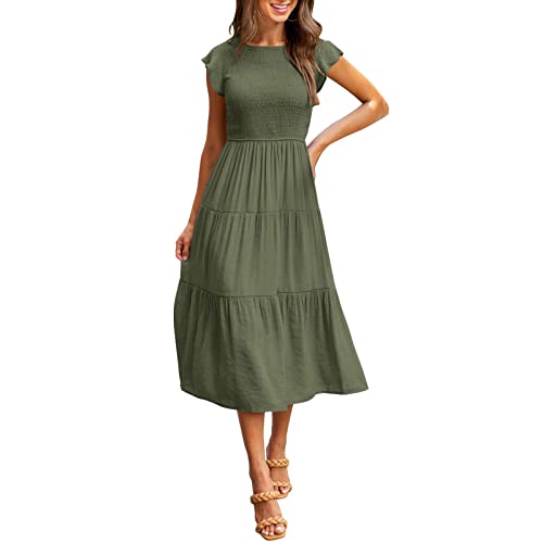 DYXIA Damen Flutter Kurzarm gesmoktes Midikleid Sommer lässig abgestuftes Kleid in A-Linie (Color : Army Green, Größe : M)