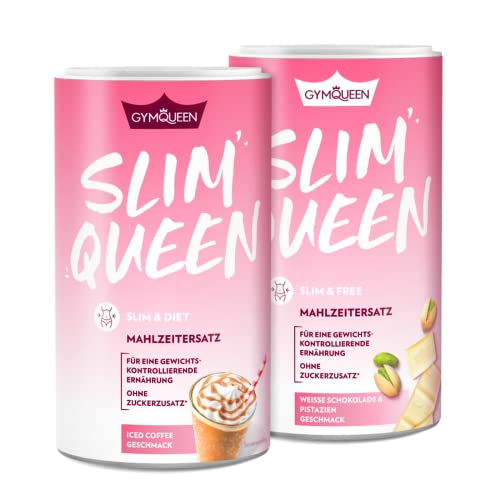 GymQueen Slim Queen Abnehm Shake 2x420g, Weiße Schokolade & Pistazie + Iced Coffee, Leckerer Diät-Shake zum einfachen Abnehmen, Mahlzeitersatz mit wichtigen Vitaminen und Nährstoffen