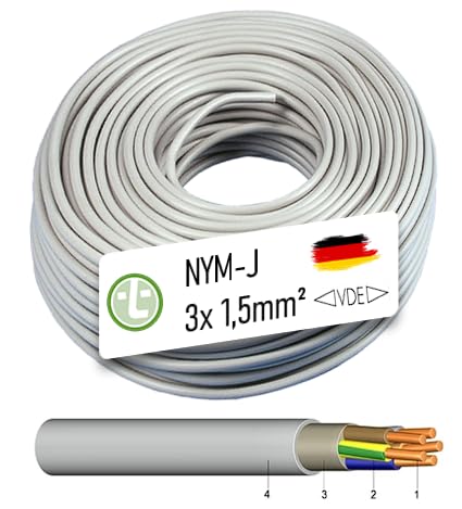 NYM-J 3x1,5 Stromkabel Deutsche Qualitätsware in Handwerkerqualität VDE Mantelleitung Feuchtraumkabel Installations Leitung Kabel Elektrokabel (50 Meter)