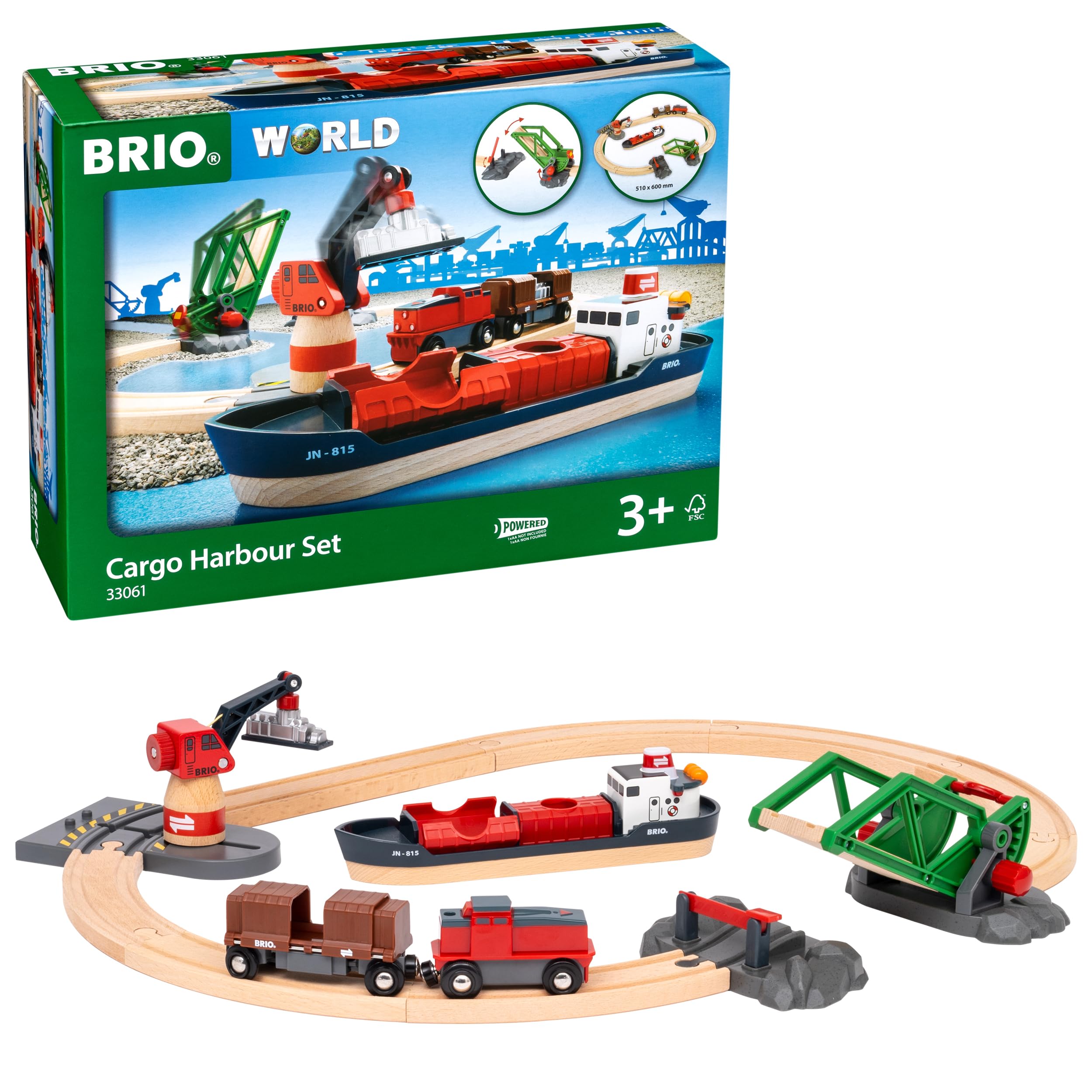 BRIO World 33061 Container Hafen Set - Mit Hafenbrücke und beweglichem Kran zum Beladen des Frachtschiffes - Geeignet für Kinder ab 3 Jahren