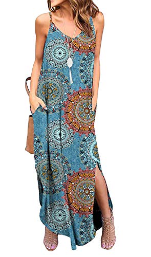 CLOUSPO Maxikleid Damen Sommerkleid Elegant Ärmellos V Ausschnitt Strandkleid Freizeitkleid (X-Large, Mehrfarbig 01)