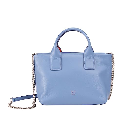 DUDU Kleine Damen-Umhängetasche aus echtem Leder, Elegante Mini-Abendtasche, 22 x 13 cm, doppelte Griffe, Kettenriemen, Reißverschluss Pastellblau