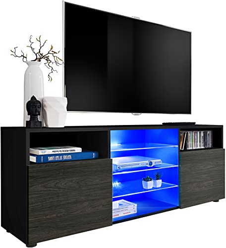 ExtremeFurniture T38 TV Lowboard, Karkasse in Schwarz Matt/Front in Carbon Holz mit LED in Blau