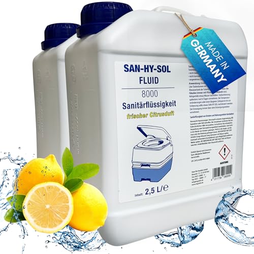 EXPLORER® San-Hy-Sol Sanitärflüssigkeit für Campingtoilette 5L (2x2,5L) made in Germany wie Aquakem Blue mit frischem Zitronenduft Temperaturbeständig & Wirkungsvoll