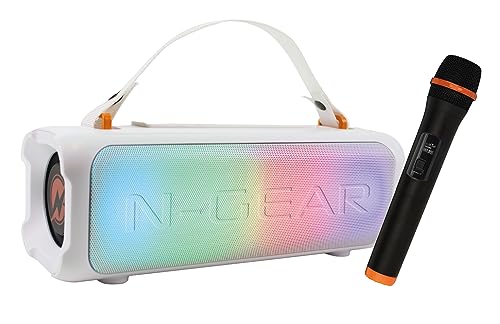 N-Gear Blazooka 703 Weiß - Tragbarer, kabelloser und Kleiner Bluetooth Lautsprecher - Inklusive kabellosem Mikrofon und Disco Licht - 100 Watt Musikbox und 5 Stunden Spielzeit.