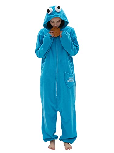 SMITHROAD Jumpsuit Tier Karton Fasching Halloween Kostüm Sleepsuit Cosplay Fleece-Overall Pyjama Schlafanzug Erwachsene Unisex Nachtwäsche Krümelmonster Onesie L