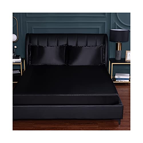 Sommer Spannbettlaken 150x200-180x200-200x220cm Bettlaken Glatter Eisseidenstoff Satin Einfarbig Laken 25cm tief Natürliche Kühle Spannbetttuch (Color : Black, Size : 200x220+25 cm)