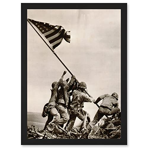 War WWII Iwo Jima Stars Stripes Flag Victory Picture A4 Artwork Framed Wall Art Print Krieg 2. Weltkrieg Sterne FLAGGE Sieg Bild Mauer