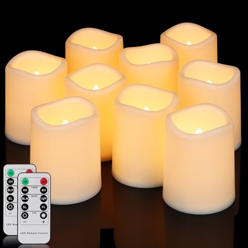yunsheng Flammenlose LED Kerzen mit Fernbedienung TimerFunktion, 2AA Batteriebetriebene LED Kerzen Flackernde Flamme, 9 Stück 7.5 x 10cm Wasserdichte Kerze, In/Outdoor Heimdekoration