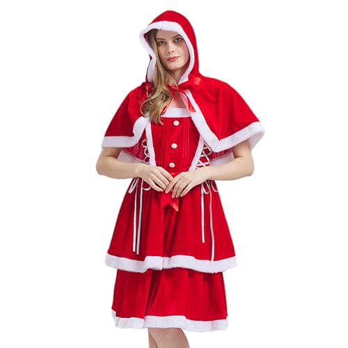 Kasmole Weihnachtskleid Damen,Ärmelloses Samtkleid mit Cape - Roter Umhang-Set, Weihnachtskostüme, Prinzessinnenkleid für Kinder, Mädchen und Frauen