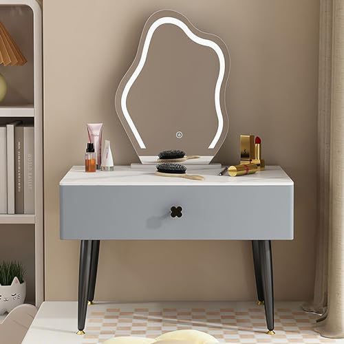 zxhrybh Schminktisch mit Spiegel, Make Up Tisch, Schminktisch mit Schubladen für Schlafzimmer und Erkerfenster (Color : Gray+Black Legs, Size : 27.5in/70cm)