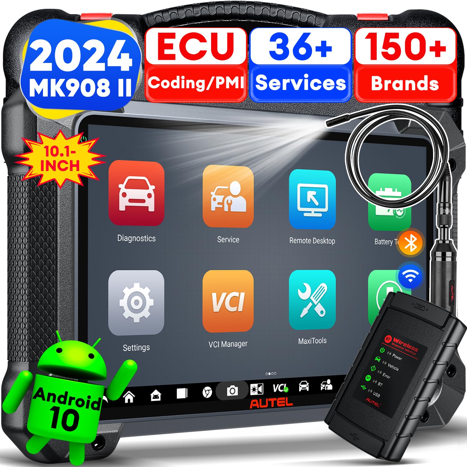 Autel MaxiCOM MK908 II Android 10 Auto Diagnosegerät mit €60 MV108S, 2024 Aktualisierte Ver. von MK908 MK906 Pro, AutoScan 2.0, Erweiterte ECU Codierung, Bidirektionale, 36+ Services, Alle Diagnosen