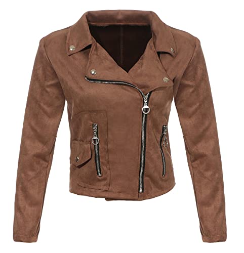 Malito Damen Jacke | Velours Jacke | Biker Jacke mit Reißverschluss | Faux Leather - leichte Jacke 19617 (braun, S)