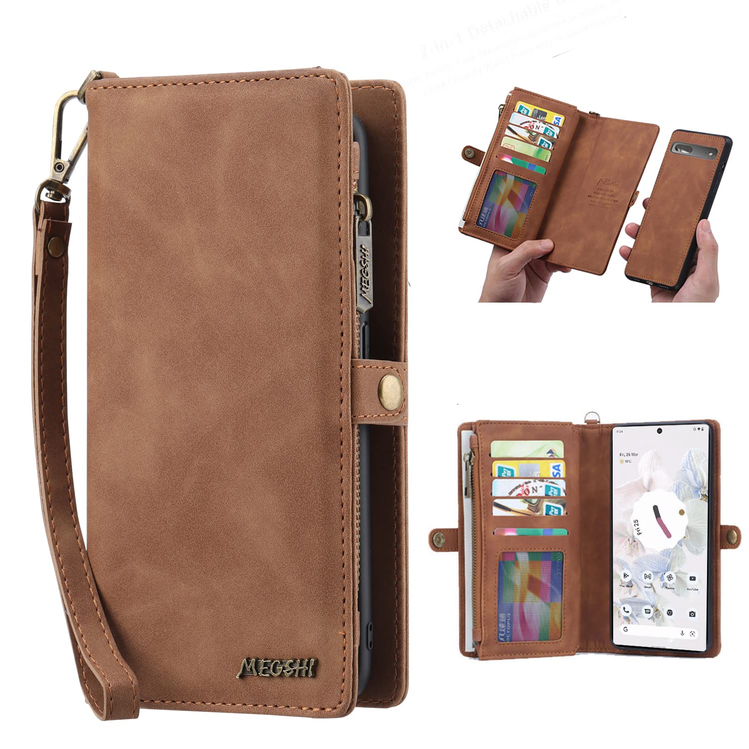 Simicoo Pixel 8 Pro Wallet case, Pixel 8 Pro Flip Leather case Card Slots Holder Zipper Purse Detachable Magnetic Cover Hand Strap Cash Pocket Pouch Wallet for Woman Man (Brown)