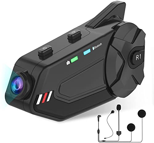 OBEST Motorrad-Bluetooth-Gegensprechanlage, Motorradhelm mit 1080p-Kamera, 1000 m, 6 Riders-Gruppen, wasserdicht, mit FM/Bluetooth-Karte 5.0/64 GB TF/2-in-1 Mikrofon