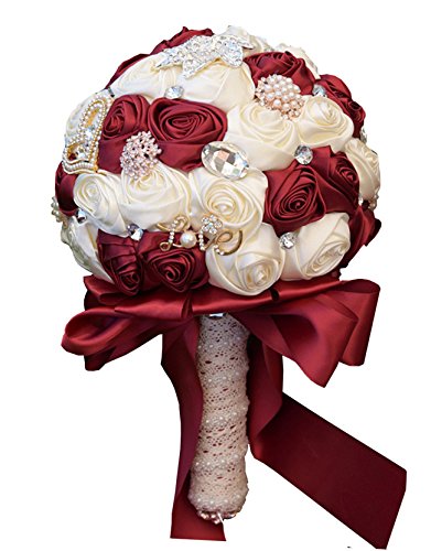 Fouriding Handgemachte Brosche Brautstrauß Braut Satin Rosen Blumen Diamant Perlen Blumensträusse Hochzeit Strauß Künstliche Blumenstrauß künstlicher Rosenstrauß Dekoration (Weinrot Cremig)