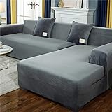 OKJK Verdickte Plüsch sofabezug, mit Kissenbezug für Wohnzimmer L-Form Chaiselongue-Sofa (2 Stück zu bestellen), elastische rutschfeste sofaüberwurf (Light Sliver,2-Seater 145-185cm)