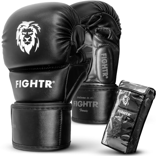 FIGHTR® MMA Sparring Handschuhe mit bestem Sitz für maximale Stabilität | mit extra Dicker Polsterung | für Sparring, MMA, Boxen, Kickboxen & Kampfsport 07 oz | inkl. Tragetasche (Schwarz, M)