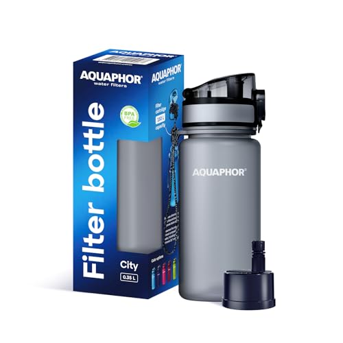 AQUAPHOR City Filterflasche 350ml Grau I Flasche mit Wasserfilter für unterwegs I Filter mit Aktivkohle I Filtert Chlor I Aus Tritan & BPA-frei I Für besseren Geschmack & Geruch des Wassers