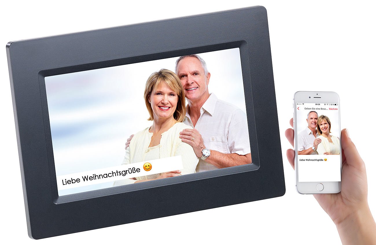 Somikon Digital Bilderrahmen: WLAN-Bilderrahmen mit 17,8-cm-IPS-Touchscreen & weltweitem Bild-Upload (Digitaler Fotorahmen, Elektronischer Bilderrahmen, Senioren Handy)