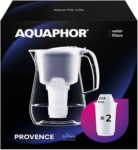 AQUAPHOR Wasserfilter Provence weiß inkl. 2 A5 Filterkartuschen - Premium-Wasserfilter in Glasoptik zur Reduzierung von Kalk, Chlor & weiteren Stoffen