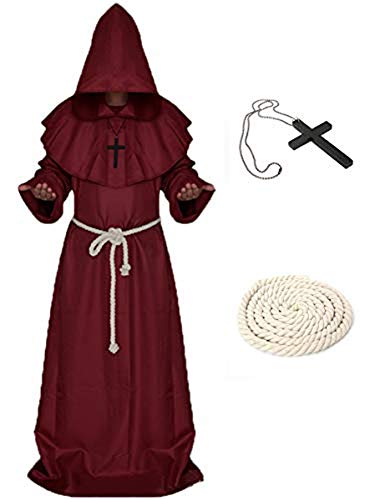 Mescara Mönchskleid Prister – Mönchmantel Mittelalter Kapuze Renaissance Kleid Halloween Cosplay (Rot, XL)