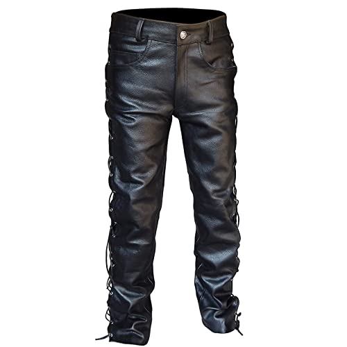 Herren PU Leder Biker Hose Rock Steampunk Cargohose Motorradhose Bikerhose Vintage Slim Fit Lederhose Lederjeans Elastisch Lederhosen für Winter Winddicht und Wasserdicht Schwarz