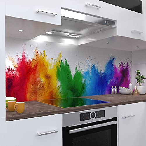 OneWheel | selbstklebende Küchenrückwand | 220x50 cm harte PVC Folie | Wandtattoo für Fliesenspiegel Design Farbstaub Bunt | Motiv: Rainbow Paint
