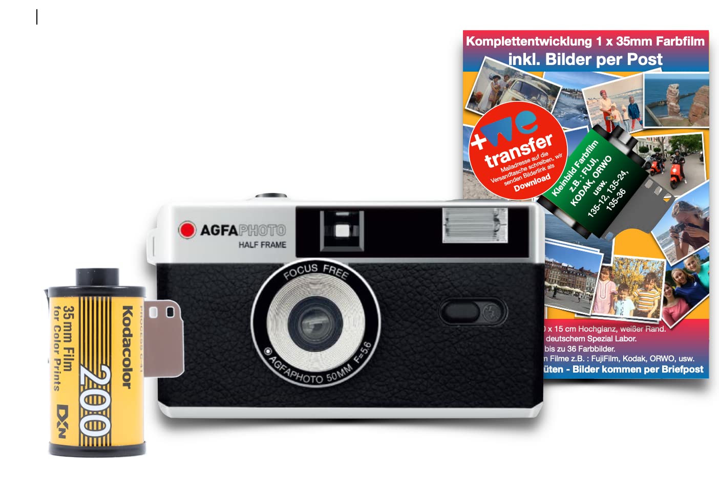 AgfaPhoto analoge 35mm 1/2 Format Foto Kamera Black im Set mit Color Negativ Film + Batterie + Negativ + Bildentwicklung per Post