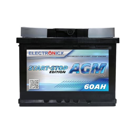 Autobatterie 60Ah AGM 12V - Start Stop Starterbatterie, Kfz Batterie, Pkw Batterie Starterbatterien AGM Batterie Battery 60 Ah Electronicx Langlebig