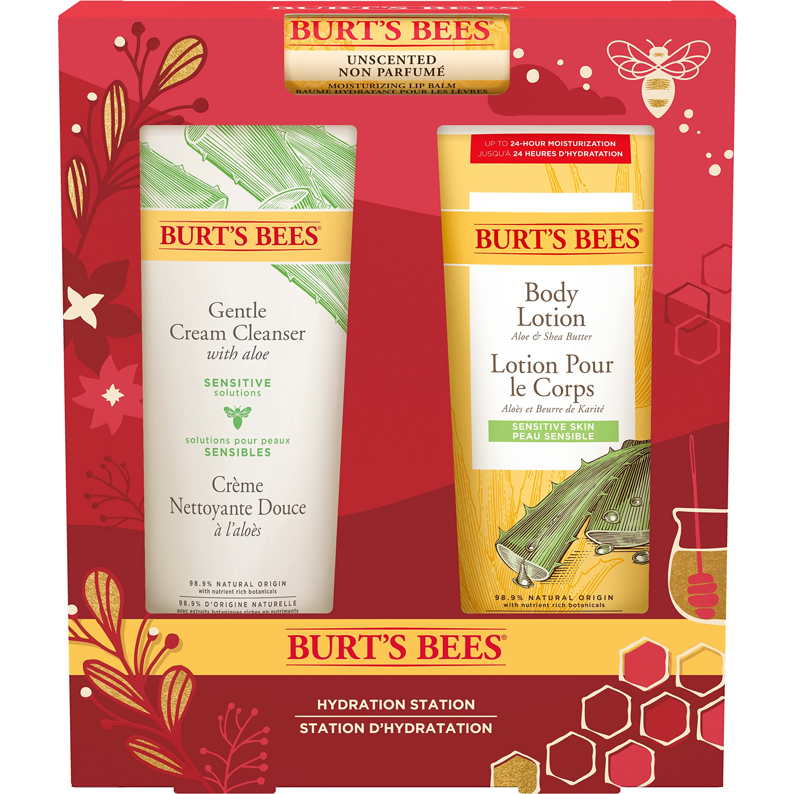 Burt's Bees Geschenke für Frauen | Geschenkset mit, feuchtigkeitsspendendem Lippenbalsam, Bodylotion Aloe und Shea Butter, sanfter Reinigungscreme für empfindliche Haut